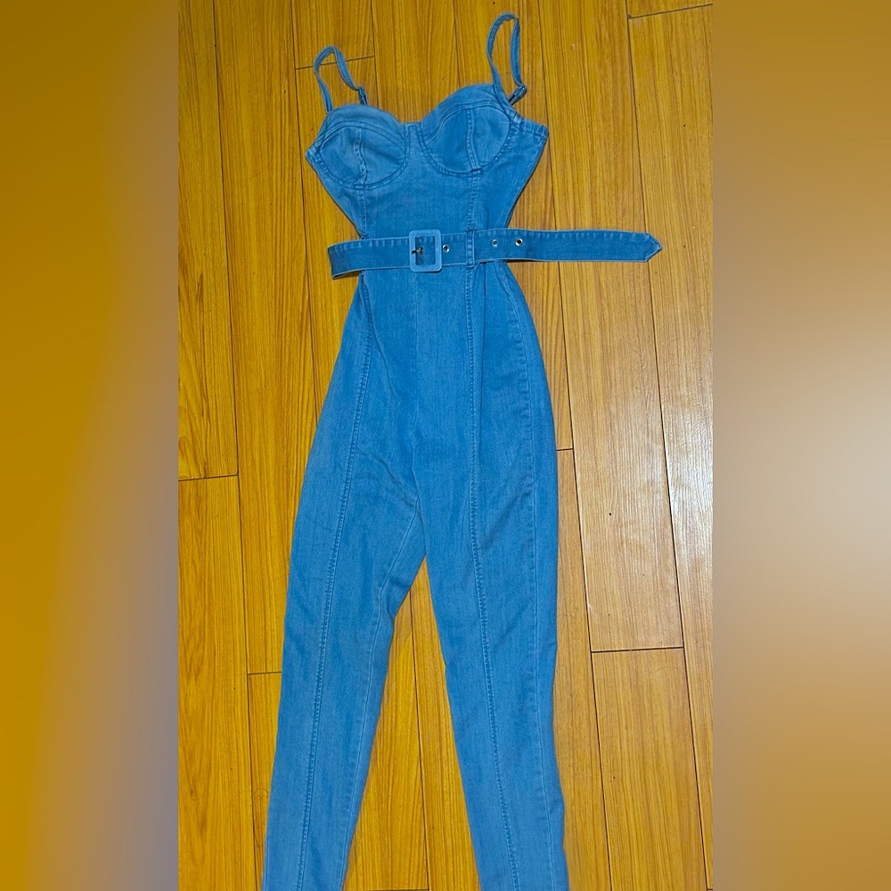 Stretchy tight fitting denim/spandex jumpsuit